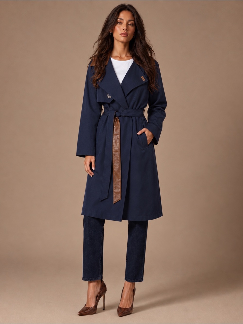 Women’s Navy Trench Coat with Brown Belt Accent